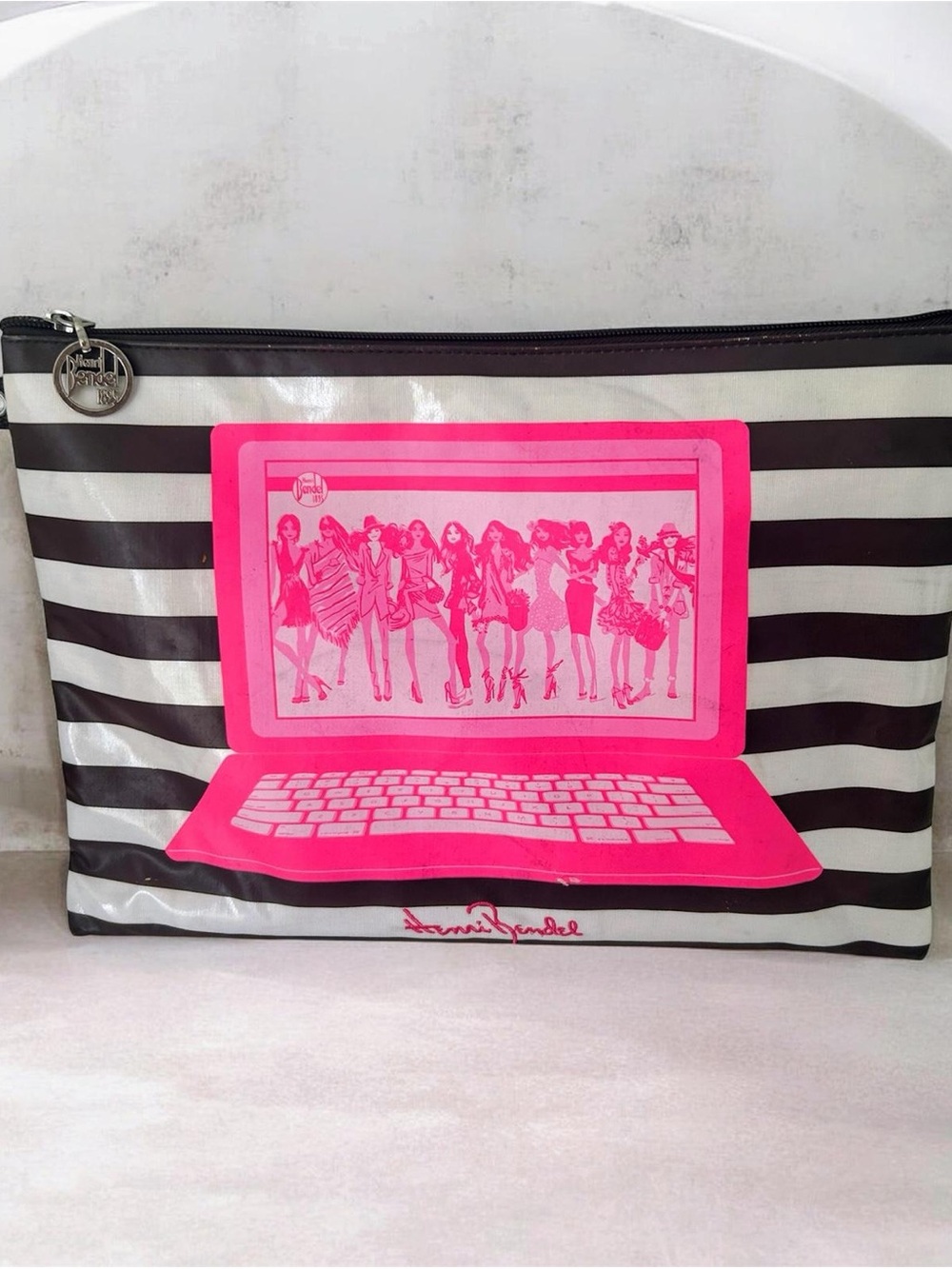 henri bendel Black & Hot Pink Striped Laptop Pouch